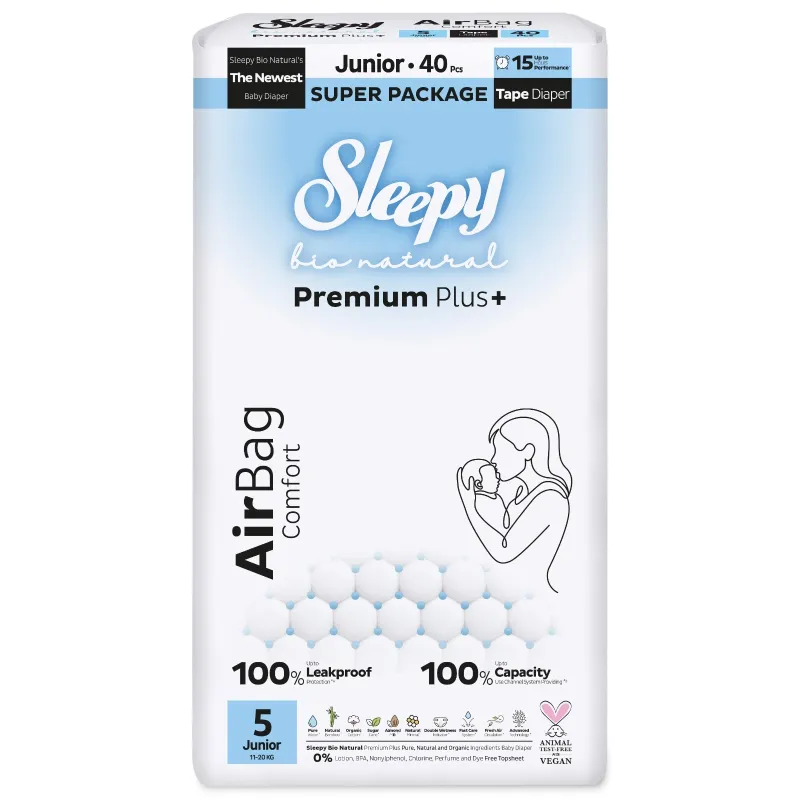 Sleepy Bio Natural Premium Plus+ Πάνες Μωρού AirBag Junior Μέγεθος 5 (40 τεμ.)