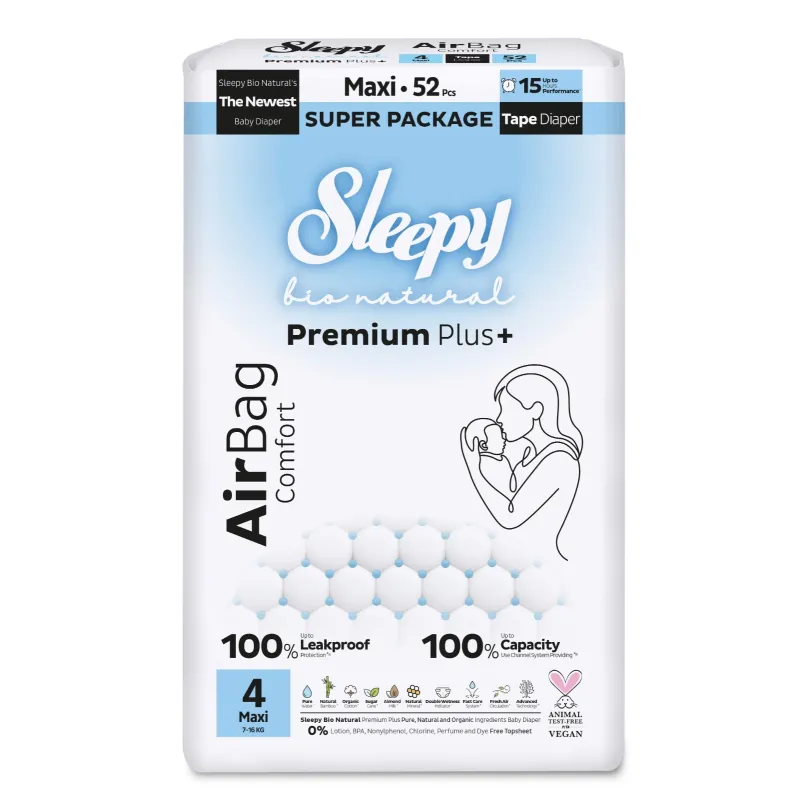 Sleepy Bio Natural Premium Plus+ Πάνες Μωρού AirBag Maxi Μέγεθος 4 για 7–16 kg (52 τεμ.)
