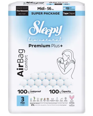 Sleepy Bio Natural Premium Plus+ Πάνες Μωρού AirBag Midi Μέγεθος 3 για 4–10 kg (56 τεμ.)