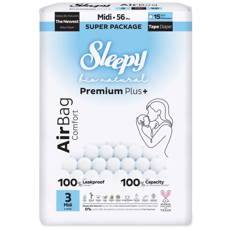 Sleepy Bio Natural Premium Plus+ Πάνες Μωρού AirBag Midi Μέγεθος 3 για 4–10 kg (56 τεμ.)