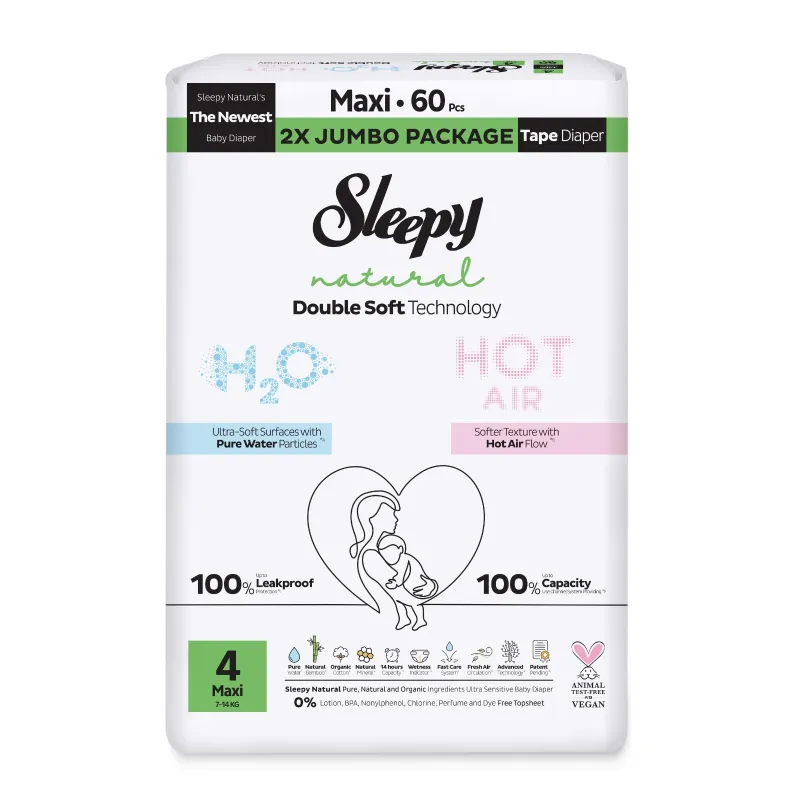 Sleepy Natural Πάνες Μωρού Double Soft Μέγεθος 4 Maxi για 7–14 kg (60 τεμ.)