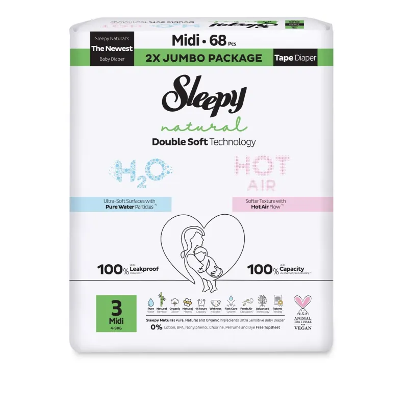 Sleepy Natural Πάνες Μωρού Double Soft Μέγεθος 3 Midi για 4–9 kg (68 τεμ.)
