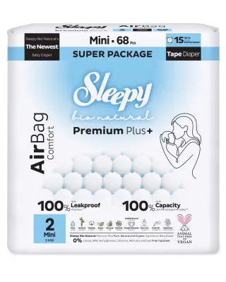 Sleepy Bio Natural Premium Plus+ Πάνες Μωρού AirBag Μίνι Μέγεθος 2 για 3–6 kg (68 τεμ.)