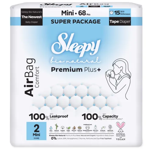 Sleepy Bio Natural Premium Plus+ Πάνες Μωρού AirBag Μίνι Μέγεθος 2 για 3–6 kg (68 τεμ.)