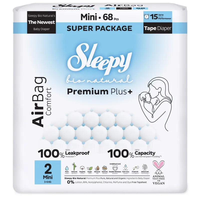 Sleepy Bio Natural Premium Plus+ Πάνες Μωρού AirBag Μίνι Μέγεθος 2 για 3–6 kg (68 τεμ.)