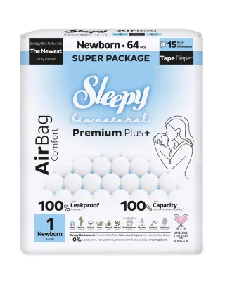 Sleepy Bio Natural Premium Plus+ Πάνες Νεογέννητου AirBag Μέγεθος 1 για 2–5 kg (64 τεμ.)