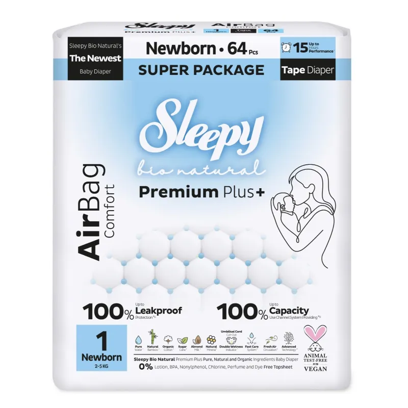 Sleepy Bio Natural Premium Plus+ Πάνες Νεογέννητου AirBag Μέγεθος 1 για 2–5 kg (64 τεμ.)