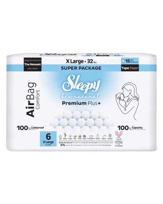 Sleepy Bio Natural Premium Plus+ Πάνες Μωρού AirBag Μέγεθος 6 Πολύ Μεγάλο για 15–27 kg (32 τεμ.)
