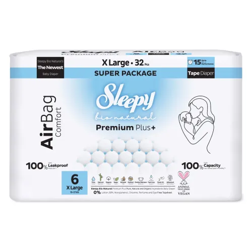 Sleepy Bio Natural Premium Plus+ Πάνες Μωρού AirBag Μέγεθος 6 Πολύ Μεγάλο για 15–27 kg (32 τεμ.)