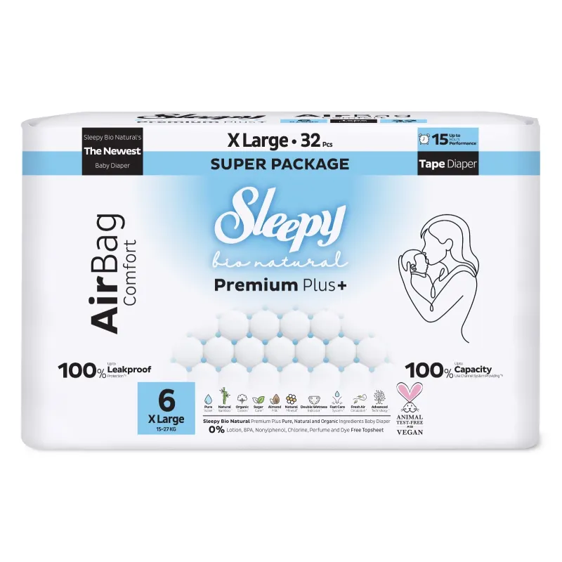 Sleepy Bio Natural Premium Plus+ Πάνες Μωρού AirBag Μέγεθος 6 Πολύ Μεγάλο για 15–27 kg (32 τεμ.)