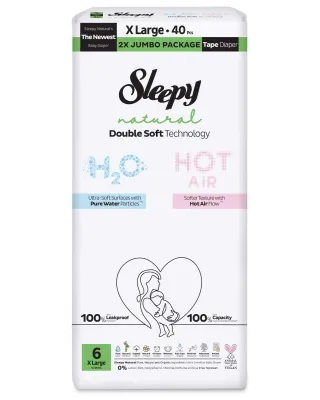 Sleepy Natural Πάνες Μωρού Διπλής Απαλότητας Μέγεθος 6 Πολύ Μεγάλο για 15–25 kg (40 τεμ.)