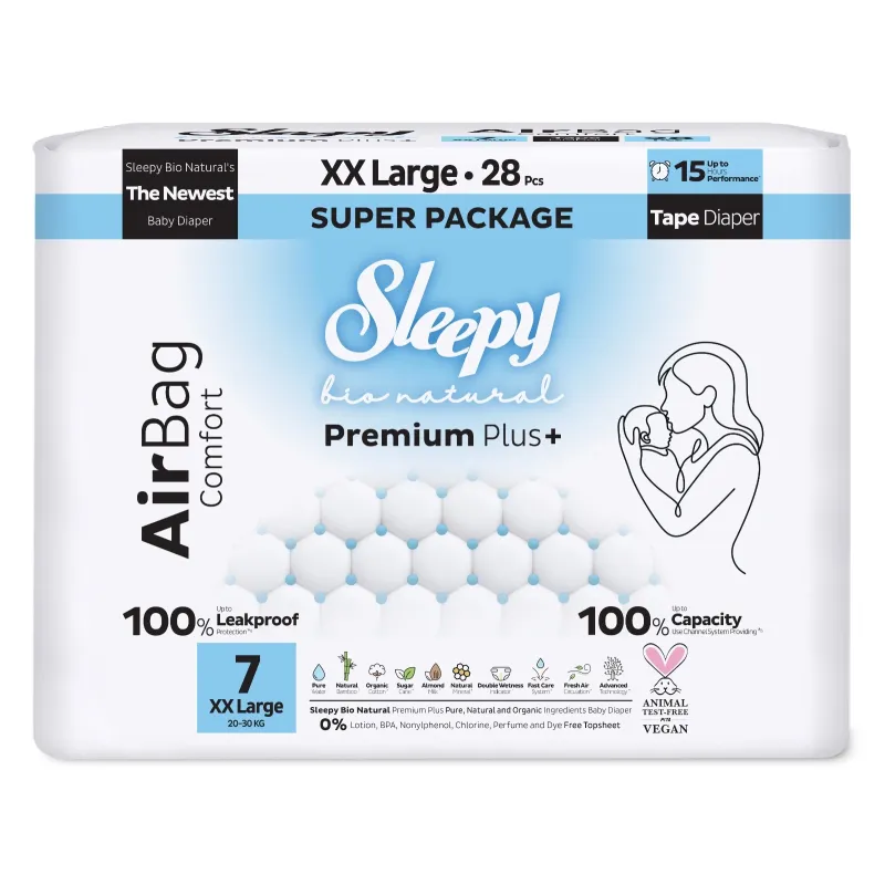 Sleepy Bio Natural Premium Plus+ Πάνες AirBag Μέγεθος 7 Εξαιρετικά Μεγάλο για 20–30 kg (28 τεμ.)